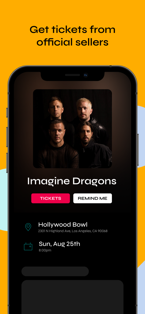 Bandsintown Concerts - Bandsintown App-Bildschirm für ein Imagine Dragons Konzert in der Hollywood Bowl mit Schaltflächen zum Kaufen von Tickets oder Einstellen einer Erinnerung.