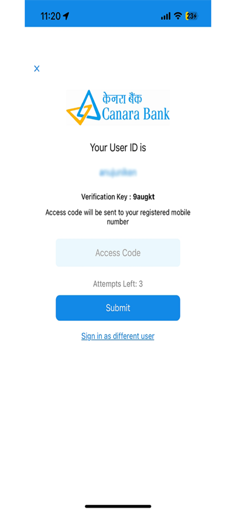 Canara CanDigital - Canara CanDigital mobile app verification screen with access code input