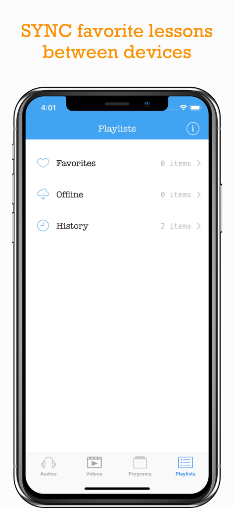 Learn American English Podcast - Playlists screen of the Learn American English Podcast app showing options for favorites and offline lessons