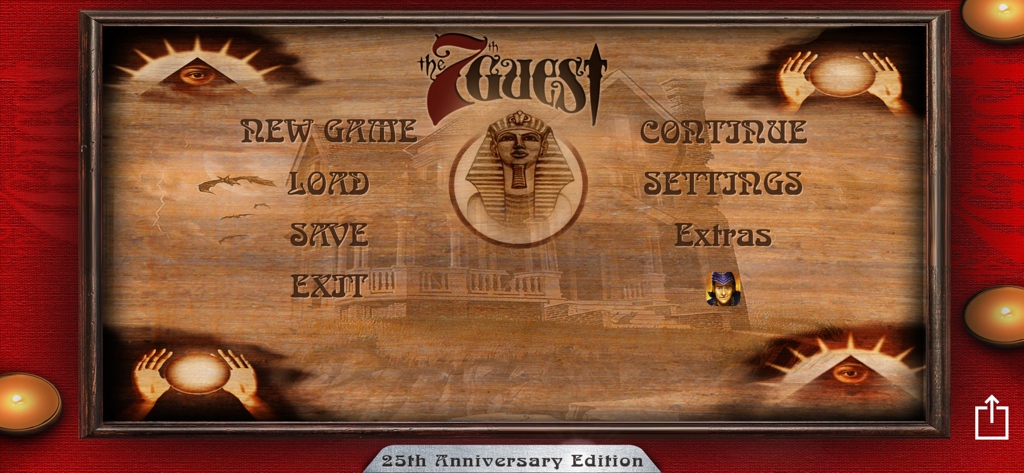Main menu of The 7th Guest Remastered 25th Anniversary Edition showing options for new game and settings with a spooky mansion background and occult symbols