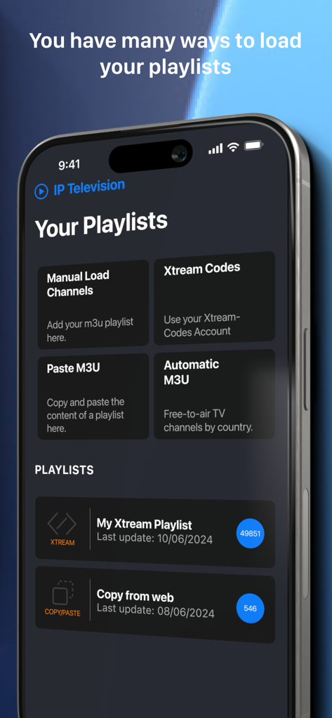 Interfaz de la aplicación mostrando opciones para cargar listas de reproducción IPTV a través de M3U y Xtream Codes