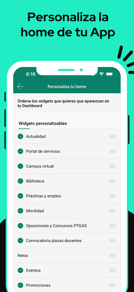 Mobile interface of the UEx App showing the home screen customization menu with various university widgets