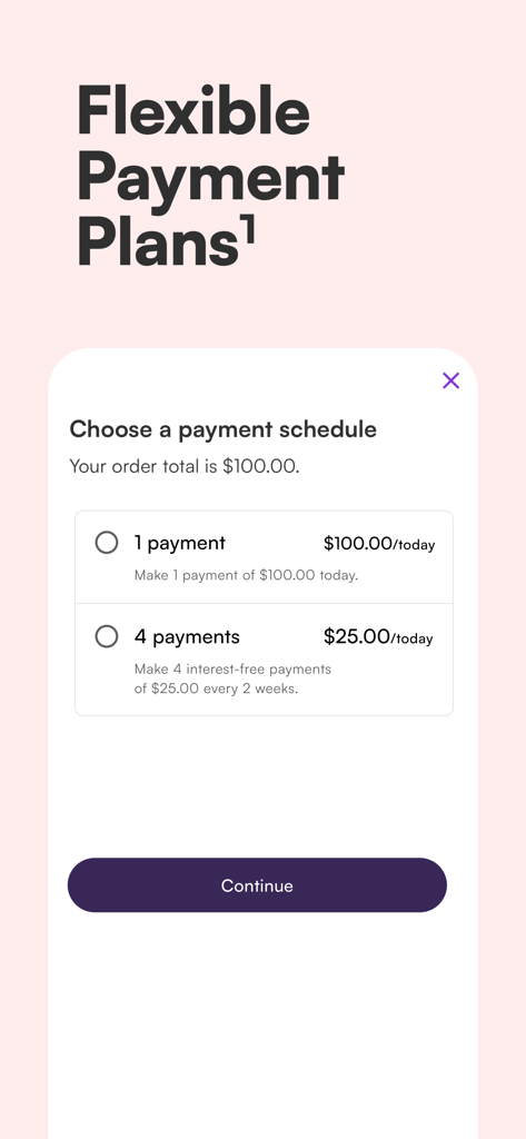 Sezzle - Buy Now, Pay Later - Écran de l’application mobile montrant les options de plan de paiement flexible de Sezzle pour une commande