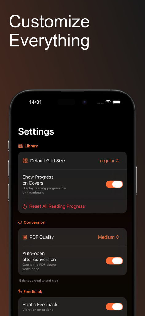 ComicFlow - CBR & CBZ to PDF - Screenshot of the ComicFlow settings screen showing options for library grid size, PDF conversion quality, and haptic feedback on a dark interface.