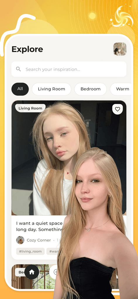 Sopao - Explore screen of the Sopao app showing interior design inspiration categories and a mood-based feed.