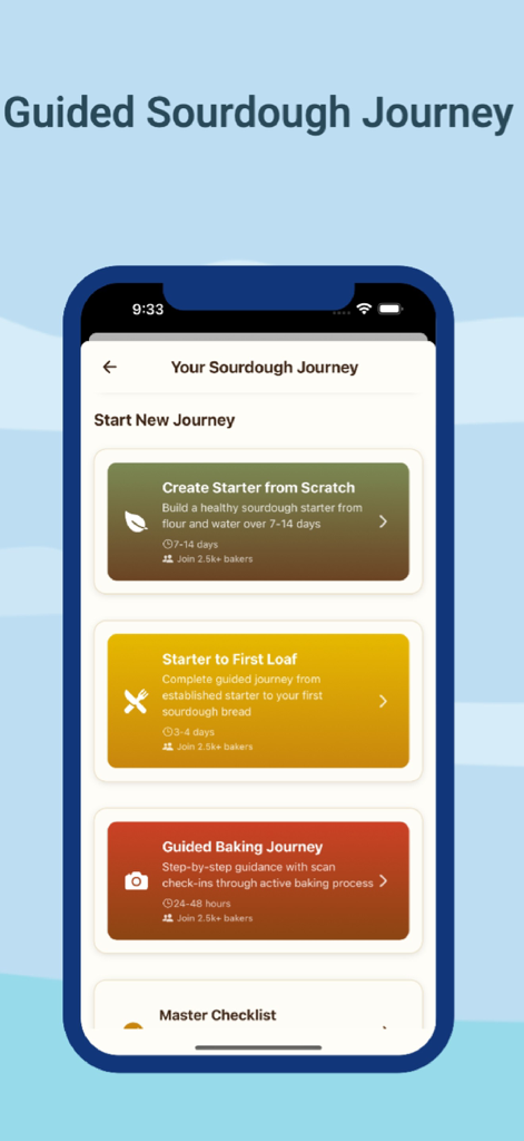 Sourdough AI - Sourdough AI 모바일 앱 인터페이스, 다양한 안내 사워도우 베이킹 여정 표시