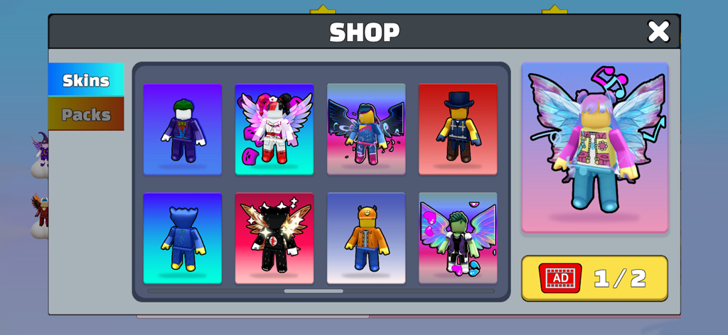 Prison Blox: Obby 3D Parkour - Menú de la tienda del juego que muestra una variedad de skins de personajes cuadriculados 3D coloridos y alas.