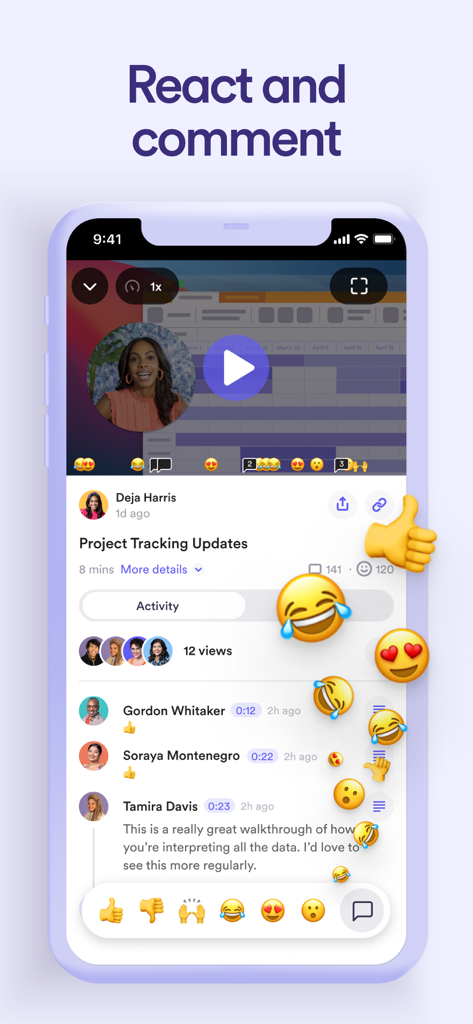 A smartphone interface showing a Loom video recording with floating emoji reactions and a comment section for team collaboration.
