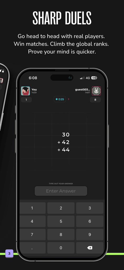 Matiks: Math and Brain Games - Gameplay de duel de maths mental en direct 1 contre 1 sur l'application Matiks montrant un défi d'arithmétique pour l'entraînement cérébral.