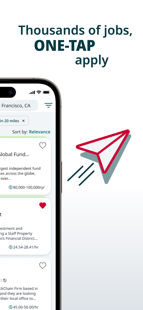 Interface de l'application Robert Half montrant les offres d'emploi avec les fourchettes de salaires et un message de candidature en un clic.