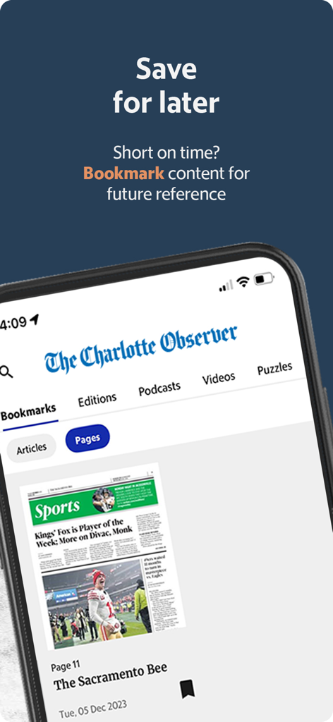 A mobile app screen showing the bookmarking feature to save local news and sports articles for later reading.