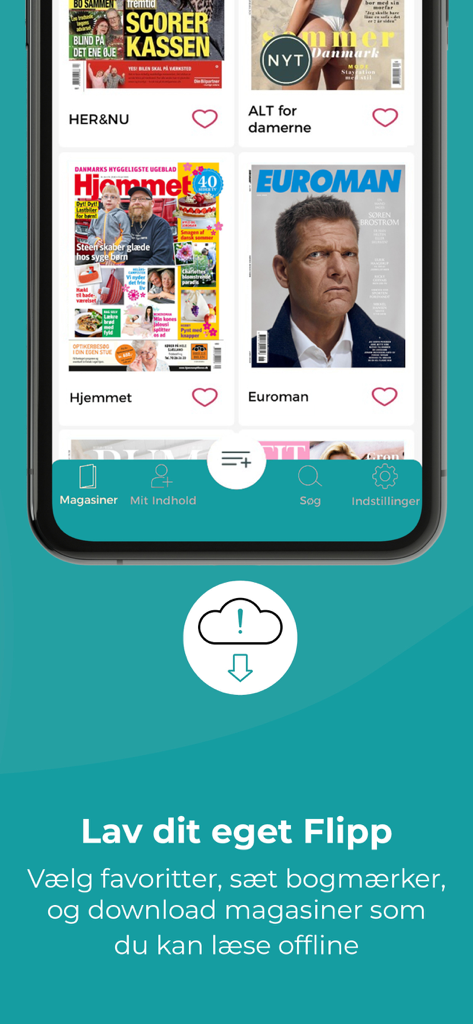 Flipp Danmark - オフライン読書用のダウンロード機能を備えた、デンマークの雑誌セレクションを表示するFlipp Danmarkアプリのインターフェース