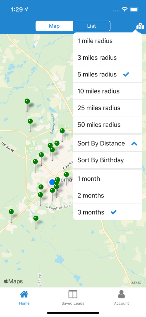 T65 Locator - T65 Locator app map interface displaying Medicare prospect locations with radius and sorting filters
