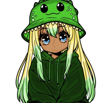 girl with anime shaped eyes with a dinosaur bucket hat oversized sweatshirt long straight hair