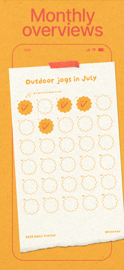 Writeway: Journal & Diary - A monthly habit tracker for outdoor jogs in the Writeway app featuring a nostalgic paper aesthetic with checkmarks.