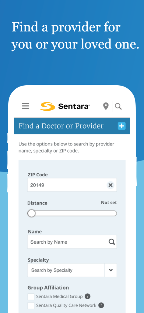 Find a Doctor or Provider search screen in the Sentara MyChart mobile application