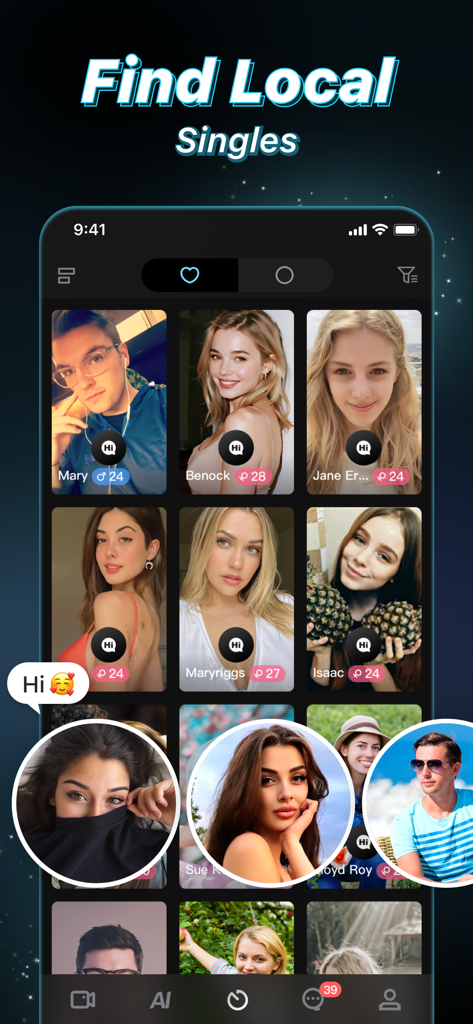 Adult Casual Dating App: AChat - Mobile app screen for AChat showing a grid of local profiles for casual dating.