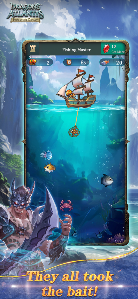 Una captura de pantalla que muestra el minijuego Maestro de Pesca en Dragons of Atlantis.