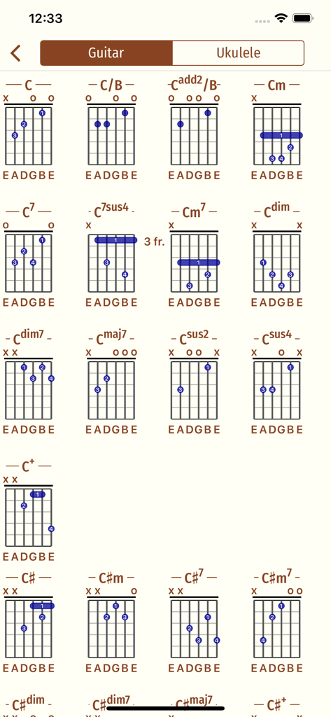 Song Book Pro - A library of guitar chord diagrams with finger positions in the Song Book Pro app.