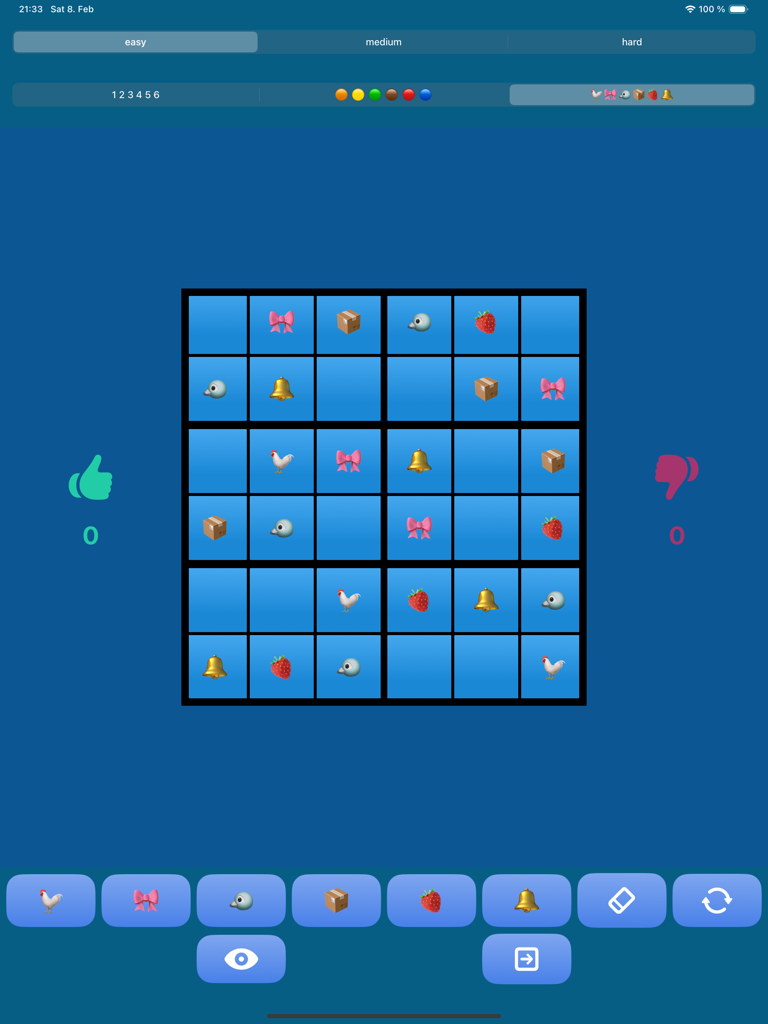 Sudoku6x6 (4Kids) - A 6x6 Sudoku grid for kids using colorful symbols instead of numbers.