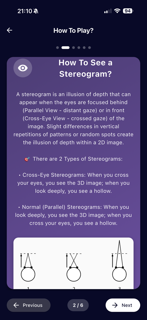 Tutorial-Seite zur Ansicht eines Stereogramms mit Blicktechniken und Augen-Diagrammen