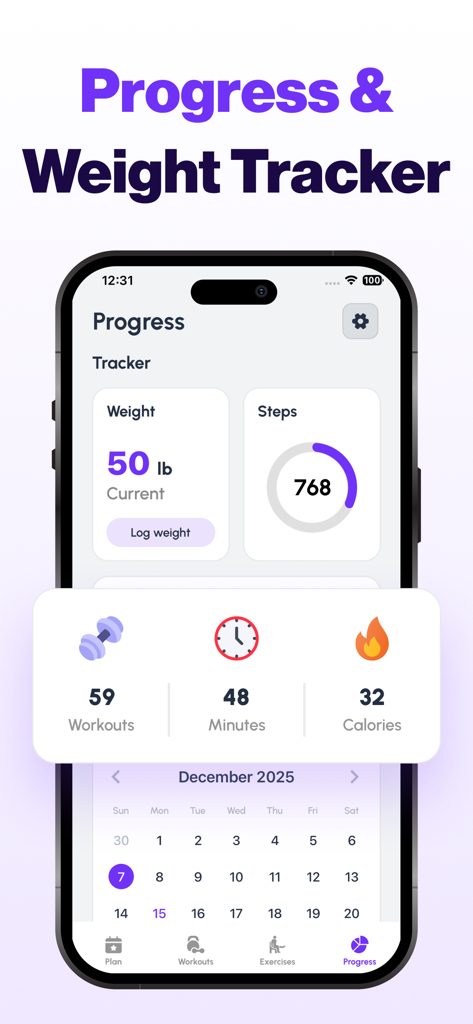 Chair Exercises for Seniors - Progress and weight tracker screen for chair exercises app showing daily workouts and steps summary.