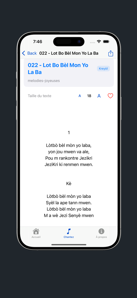 Chants Desperance - Mobile app screen displaying the lyrics of a Haitian Creole hymn with adjustable text size options.