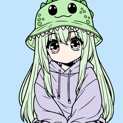 girl with anime shaped eyes with a dinosaur bucket hat oversized sweatshirt long straight hair