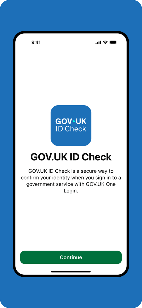 GOV.UK ID Check - 携帯電話に表示されたGOV.UK ID Checkウェルカム画面