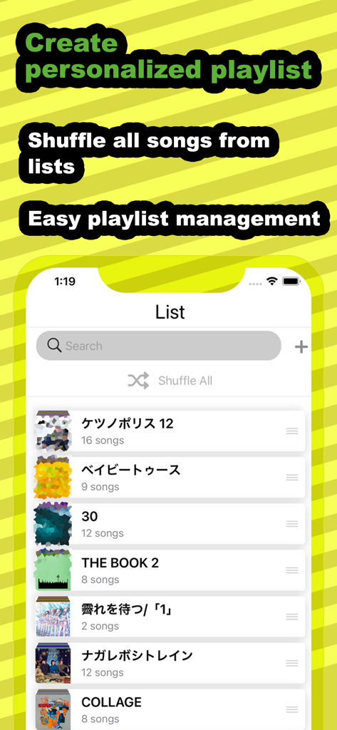 Music FM Live - Music FM Live app screen showing a list of personalized music playlists with a shuffle all option