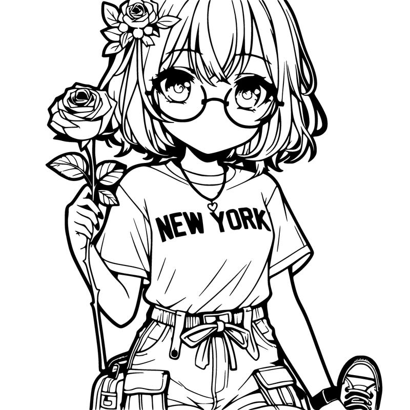 anime girl holding a rose with cargo pants on and a beige t-shirt that says new york . she has glasses