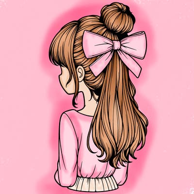 realistic girl  with hip length hair a bun and a big bow on the back of head