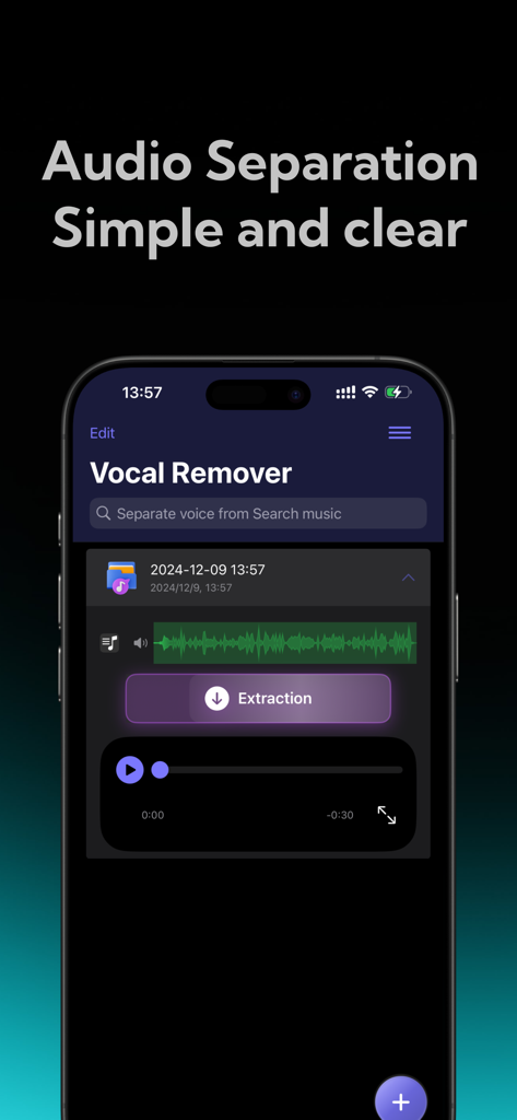 Interface de l'application mobile Vocal Remover montrant une séparation audio IA simple et claire avec un bouton d'extraction.