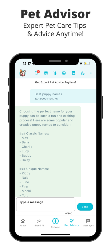 Pets Home: Rehome & Adopt Pets - Pet Advisor chat interface within the Pets Home app providing popular puppy names