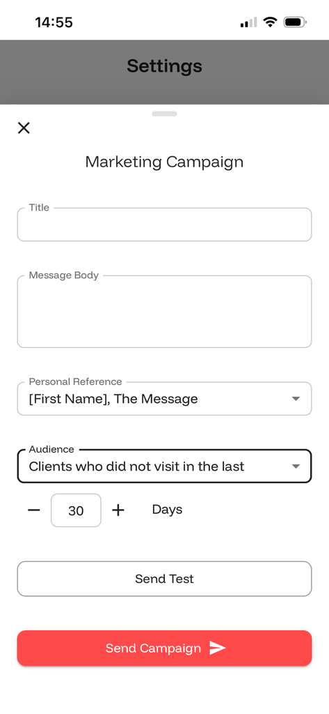 Interface para criar e enviar uma campanha de marketing direcionada para reengajar clientes inativos no aplicativo digiPunchcard.