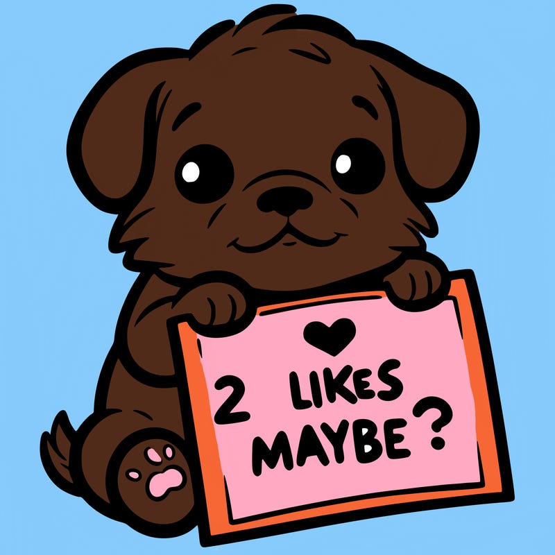 a puppy holding a sign that says 2 likes maybe?