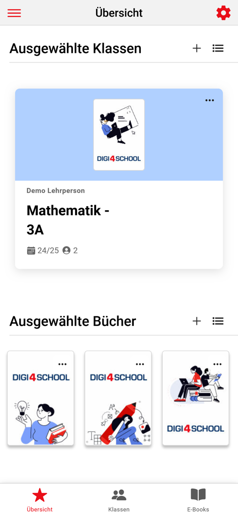Dashboard dell'app educativa digi4school che mostra un elenco di classi selezionate e libri di testo digitali.