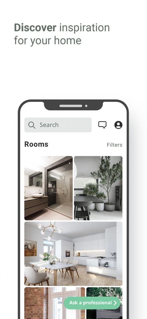 Schermata dell'app mobile che mostra foto di ispirazione per il design d'interni e un pulsante per chiedere a un professionista