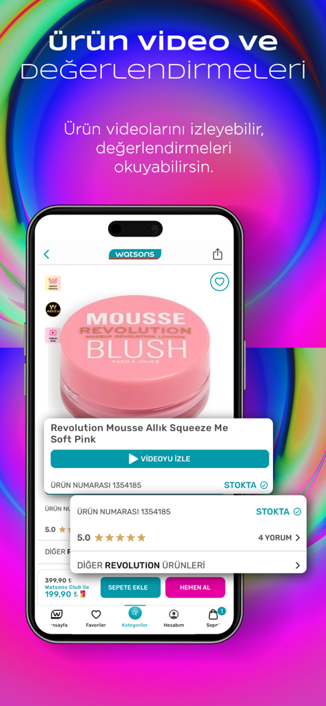 Watsons Mobile App-Oberfläche, die ein Revolution Rouge-Produkt mit Optionen zum Ansehen von Videos und Lesen von Kundenbewertungen zeigt