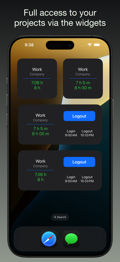 iboChron - Work Time Tracker - iboChron Arbeitszeittracker-Widgets auf dem iPhone-Startbildschirm mit Projektstunden und Abmeldebuttons