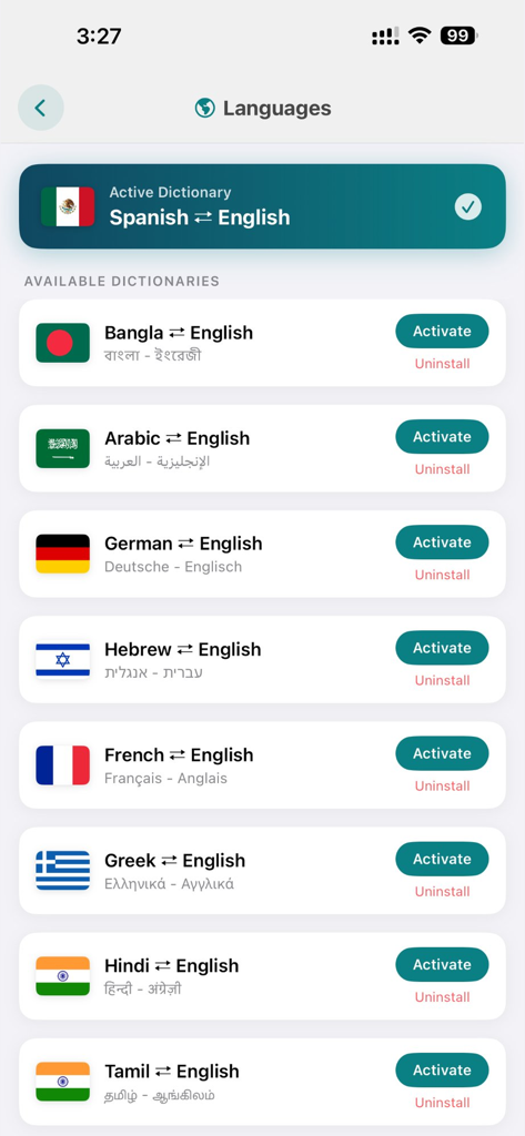 Dictionary & Translator Pro - A menu showing available offline dictionaries for multiple languages including Spanish Bangla Arabic and Hindi
