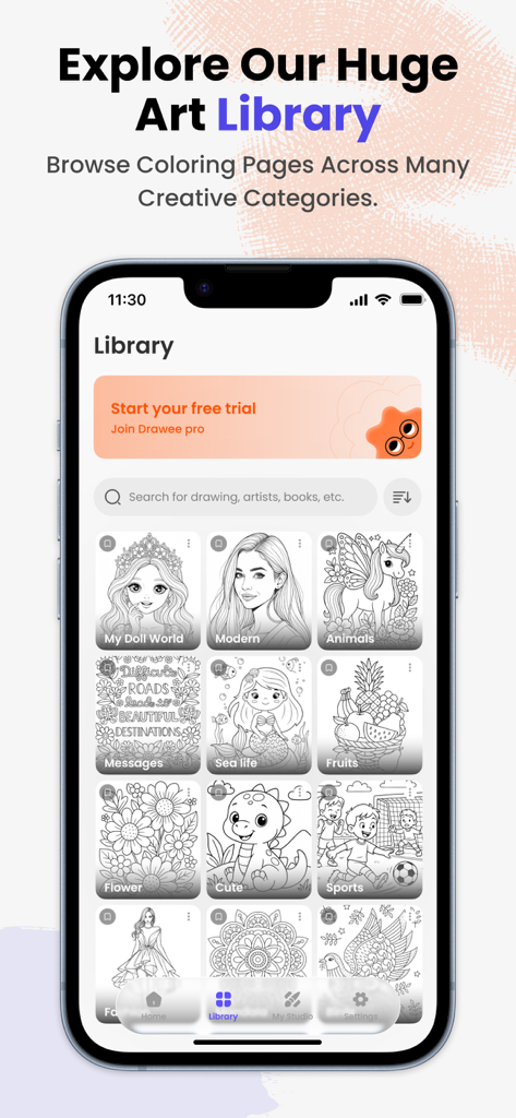 Drawee - Adult Colouring Book - Drawee app library screen showing a variety of coloring page categories like animals flowers and mandalas