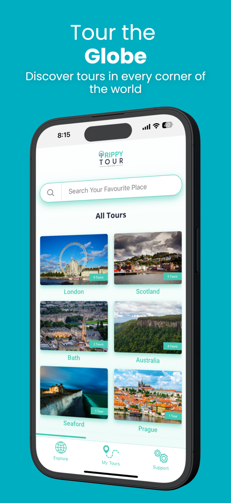 Interface of Trippy Tour Guide app showing a list of available global tours including London, Scotland, and Prague