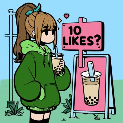 girl with oversized hoodie drinking boba and she has a high ponytail with a sign that says 10likes?