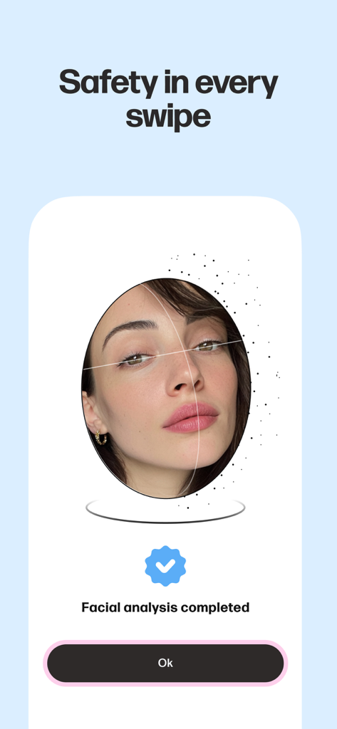 Mamba dating app screen showing completed facial analysis for user verification and safety.