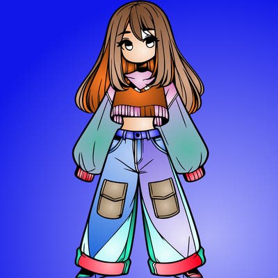 cute girl with straight hair in baggy jeans and a crop top and a sweater