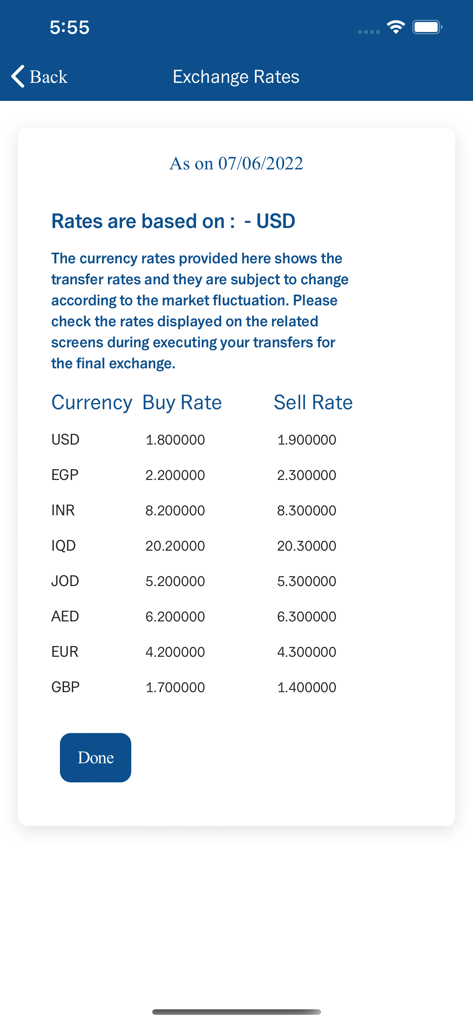NBK International Mobile - Tela do aplicativo NBK International Mobile exibindo taxas de compra e venda de câmbio para várias moedas