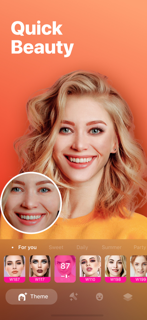 Facey: Face Editor &Makeup Cam - Facey app showing quick beauty makeup presets on a selfie