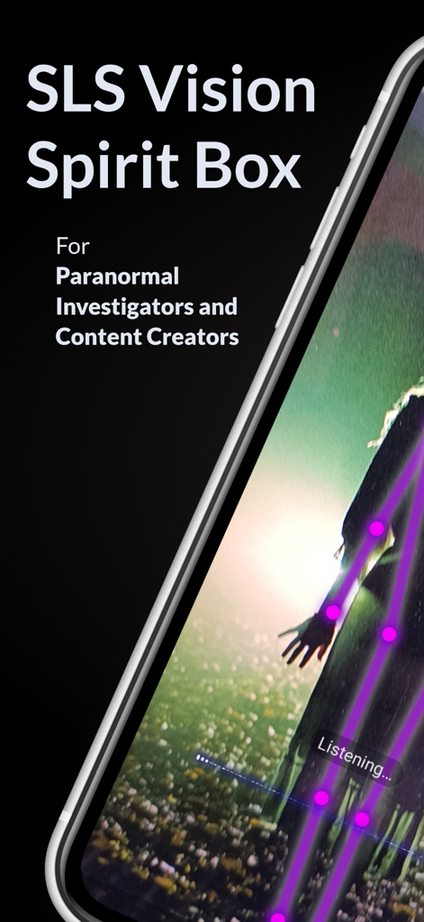 Spirit Box: Ghost SLS - Pantalla que muestra la aplicación Spirit Box de SLS Vision para investigadores paranormales con visualización de seguimiento de esqueletos.