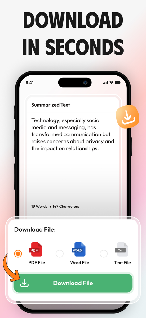 AI Summary - Text Summarizer * - AI Summary app interface showing multi-format download options for summarized text